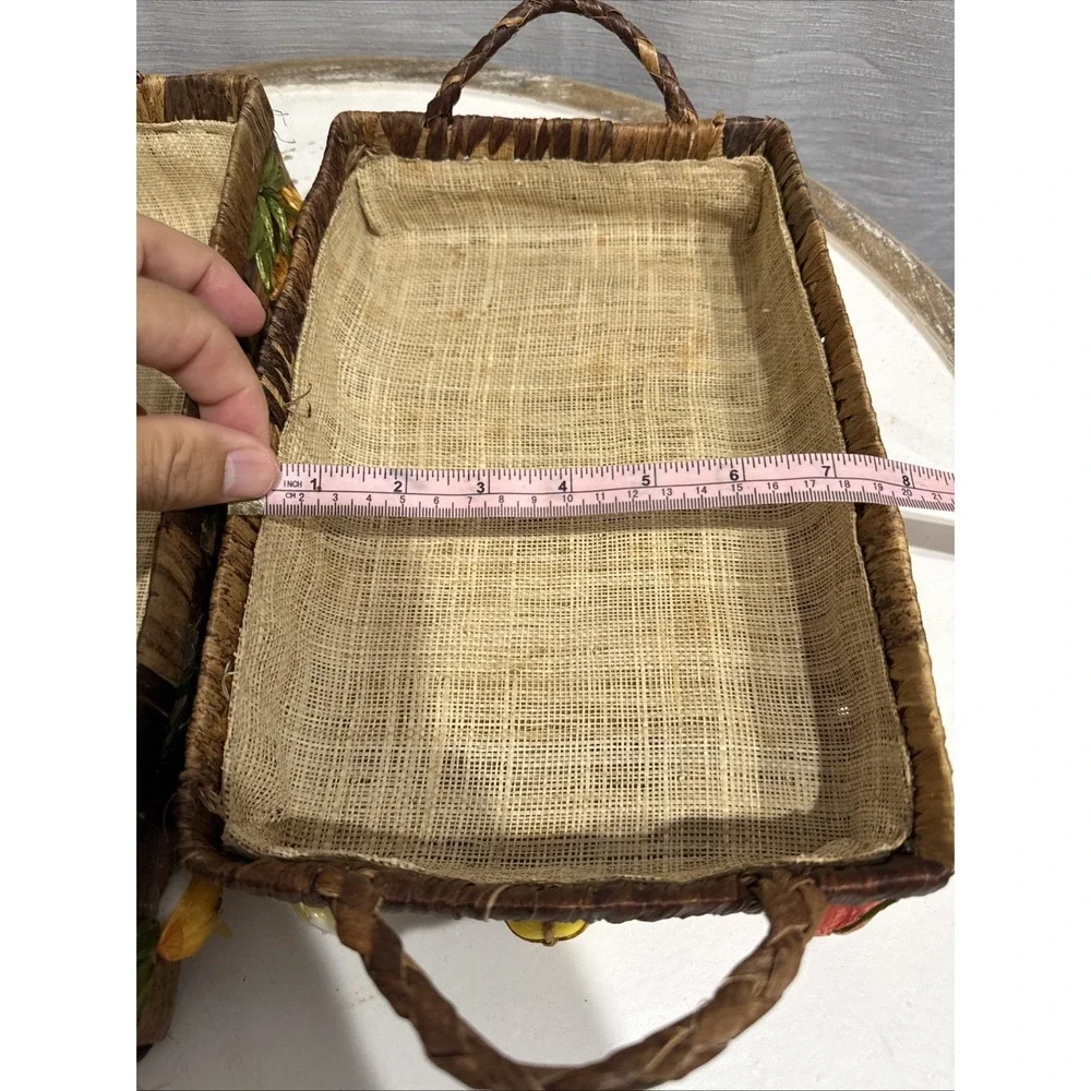 2 MCM Vintage Wicker Raffia Casserole Holders 13.5x8.5